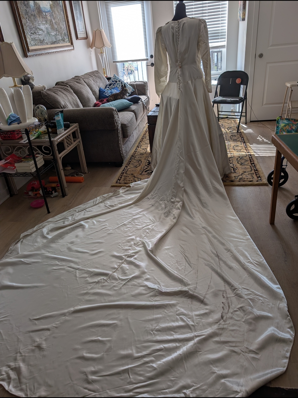 1940's Ivory Long-Sleeve Bridal Gown with Cathedral Train
